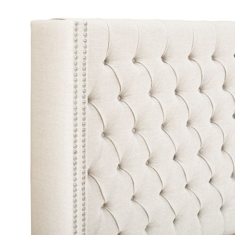 Upholstered Headboard In Cream, Button Tufting And Double Nailhead Trim, Adjustable Legs For Bedroom, Queen Sized Bedroom Decor With Buttons, Legs, Queen, Cream Colored