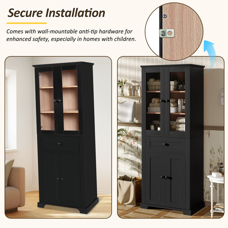 Grande armoire de rangement pour salle de bain avec portes en verre trempé - tour de lin autoportante moderne avec tablettes réglables et tiroir, conception à fermeture en douceur