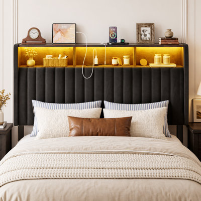 Queen Size Storage Headboard Only, Velvet Upholstered Head Board With Led Lights & Charging Station, Adjustable Height, Easy Assembly, Modern Freestanding Headboard, Black