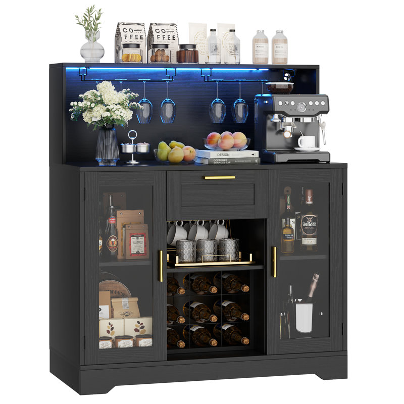Bar Cabinet With LED Light And Wine Rack, Coffee Bar Cabinets With Drawer And Glass Holder, Sideboard Table With Storage Shelves