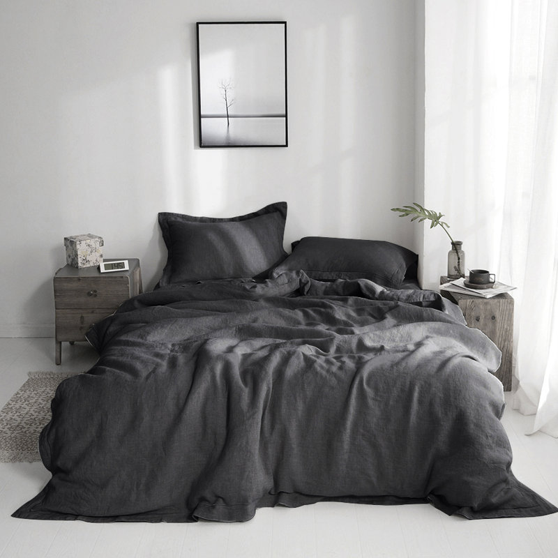 100% Linen Duvet Cover Set, King Duvet Cover + 2 Shams, Dark Gray