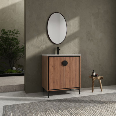 Meuble-lavabo de 30 po - Fabrication en bois d'ingénierie Armoire à 2 portes Finition de surface lisse Résistance à long terme Résistance autoportante en céramique de qualité américaine incluse à l'humidité 2 portes