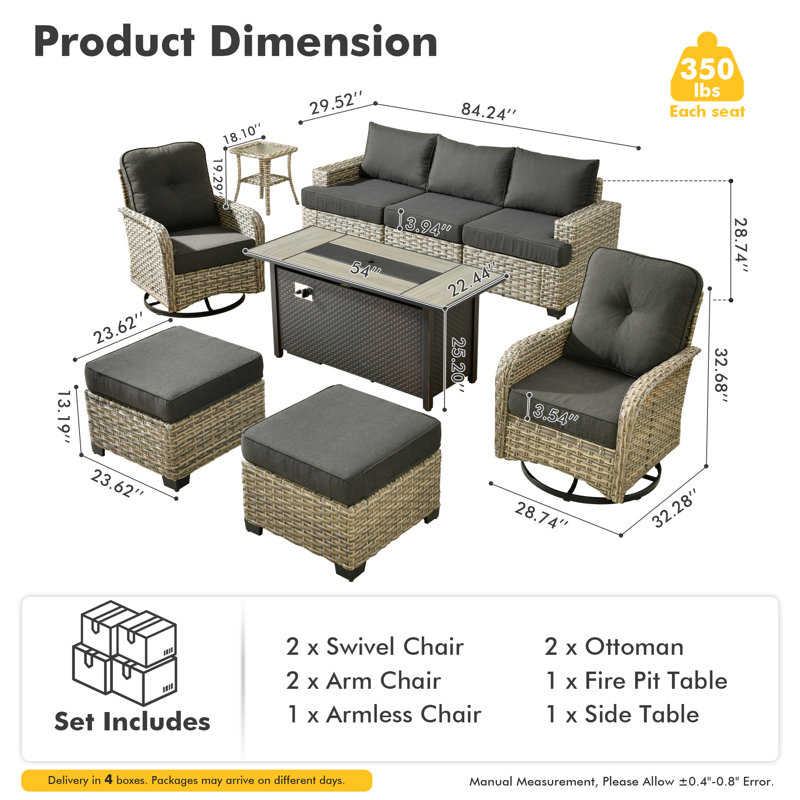 Carolle 9-Piece Outdoor Patio Furniture with fire pit,All-Weather 7-Person Pe Wicker Outdoor Conversation Set, Patio Couch Swivel Rocker Chairs With Solar Powered Coffee Tables For Backyard,Poolside,Deck