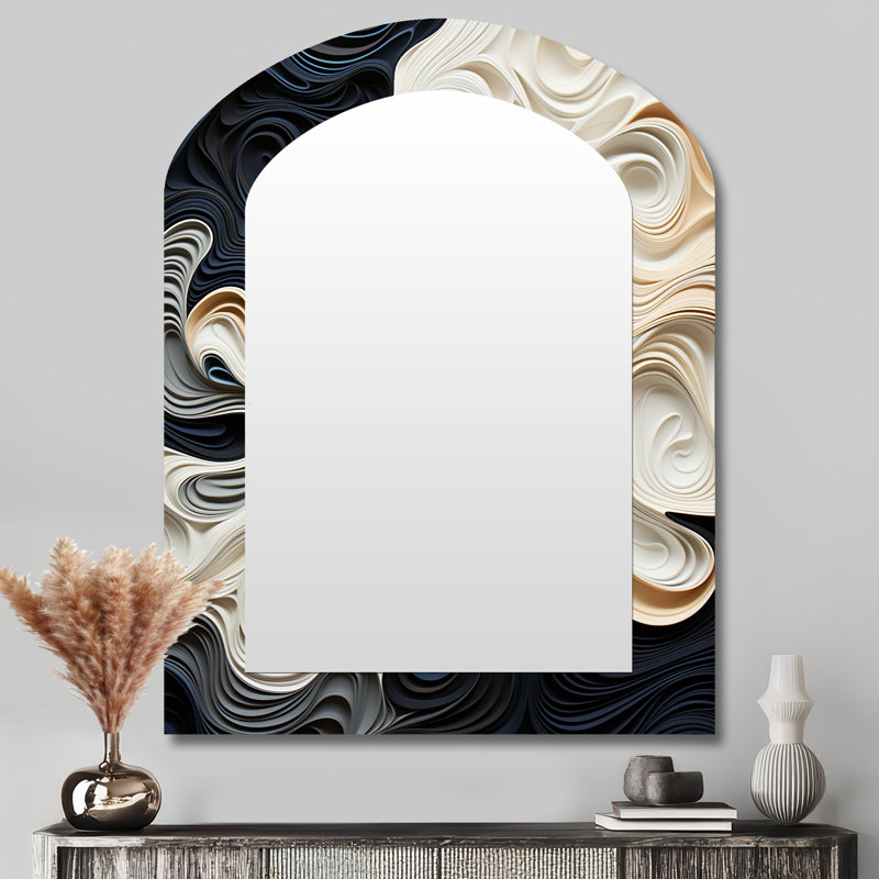 Noir blanc Opt Art Rhythmic Pulses II - Op Art, miroir asymétrique, miroir mural noir, impression sur métal, 43 po x 33 po