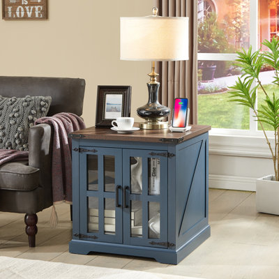  Keyaun 24"W Farmhouse Square End Table with Charging Station& Barn Glass Door, Adjustable Storage Shelf (Dark Blue Color)