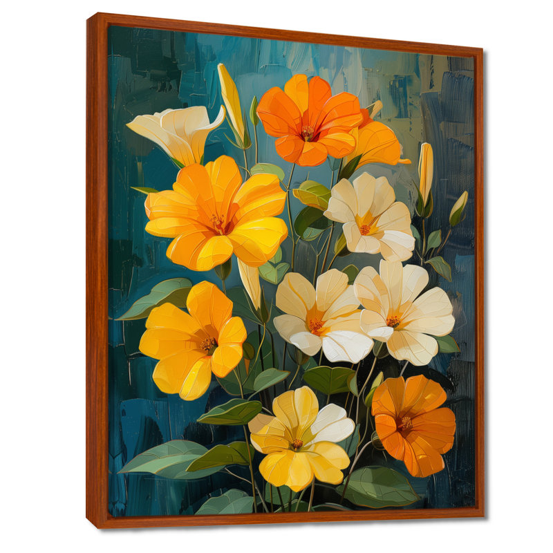 Jaune, blanc, jardin vibrant, Morning Glory - Morning Glory, art mural, H 16 po x l 32 po, Cadre flottant brun