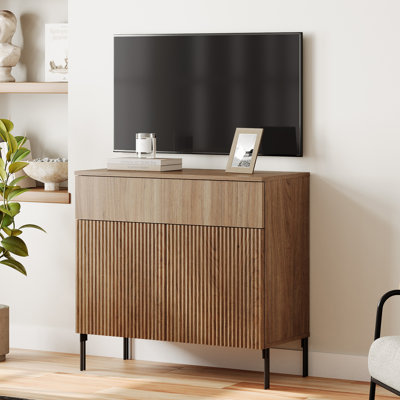 Union Rustic 31.5" Modern Reeded TV Stand With Doors, Entertainment Center With Shelf, Wooden TV Console With Drawers For Living Room