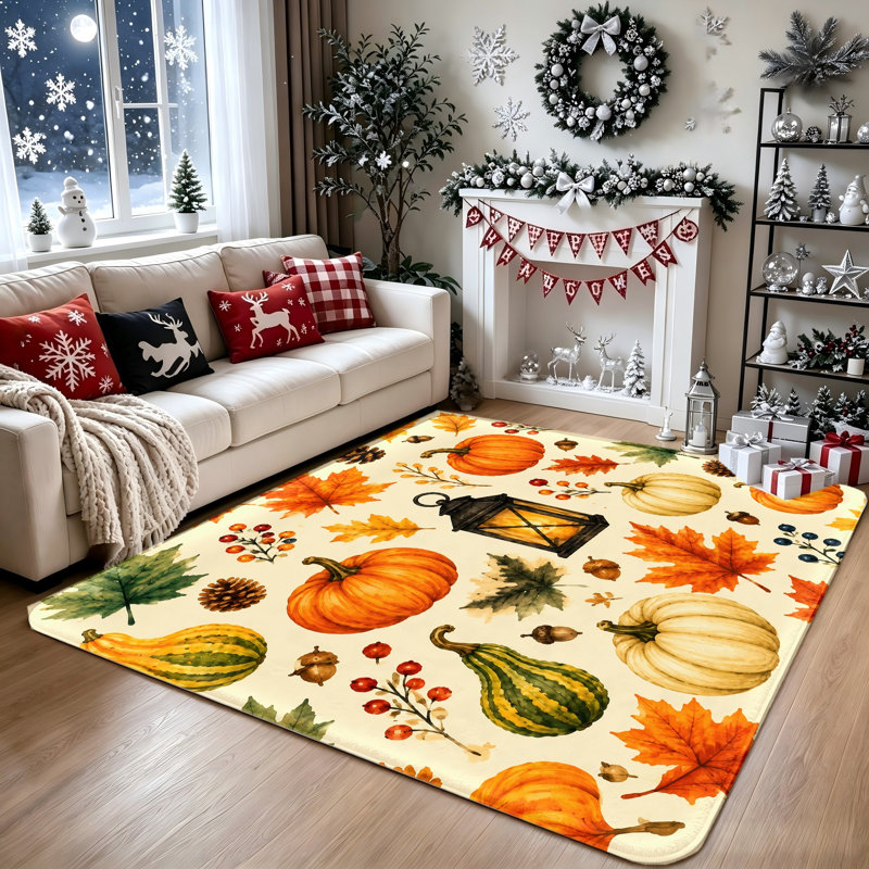Tapis antidérapant à motif de feuilles de citrouille Autumn Harvest, Rectangle 5 pi 3 po x 3 pi 3 po (160 x 100 cm)