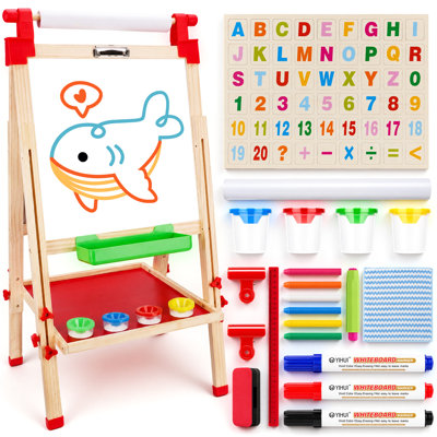 Chevalet de dessin en bois pour enfants avec rouleau de papier, tableau blanc et tableau noir magnétique double face 3 en 1 réglable, chevalet de dessin pliable avec 4 godets de peinture et accessoires artistiques