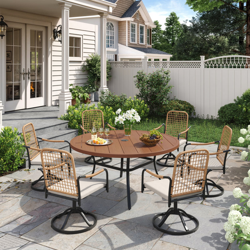 7-Pieces Patio Round Outdoor Dining Set With Rattan Swivel Chair, Walnut/Black