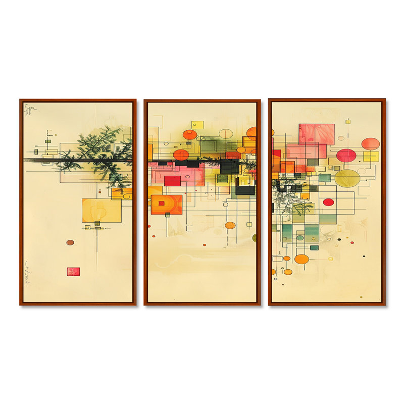 «Subtle Tree Realms Retro Colors» - ensemble d'art mural abstrait Mid-Century, Cadre flottant brun
