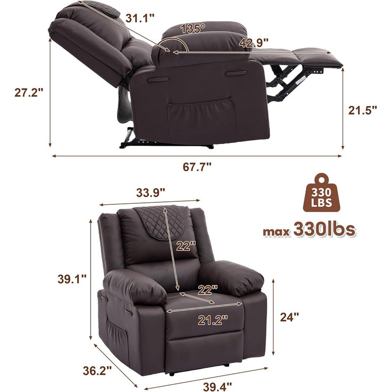 Manual Recliner Chair with Heating & Massage, 135° Adjustable with Storage for Living Room, Brown