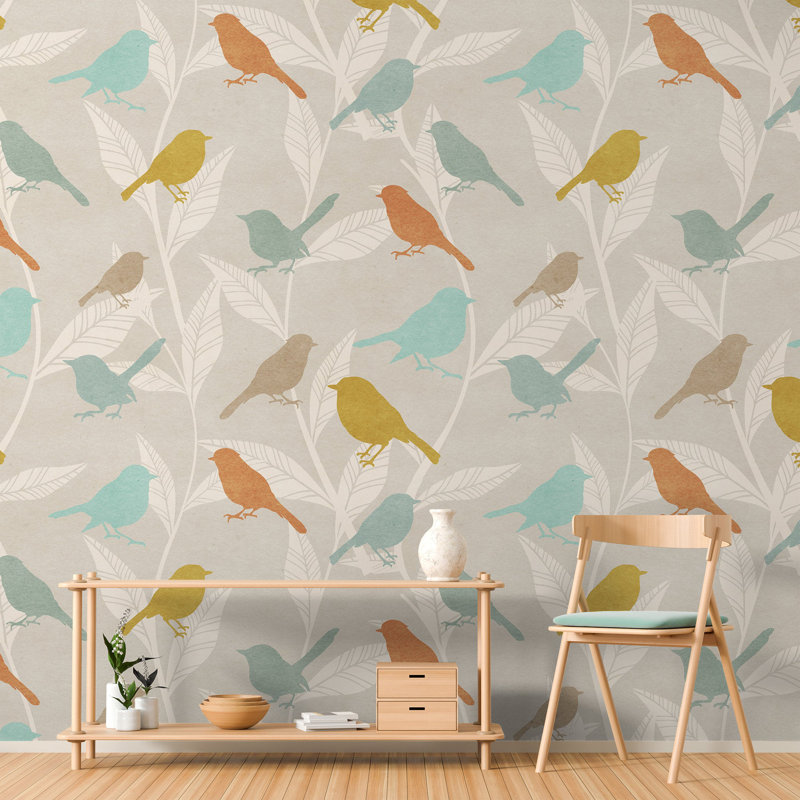 Papier peint amovible à motif d'oiseaux multicolores, L 98,04 po x l 150 po