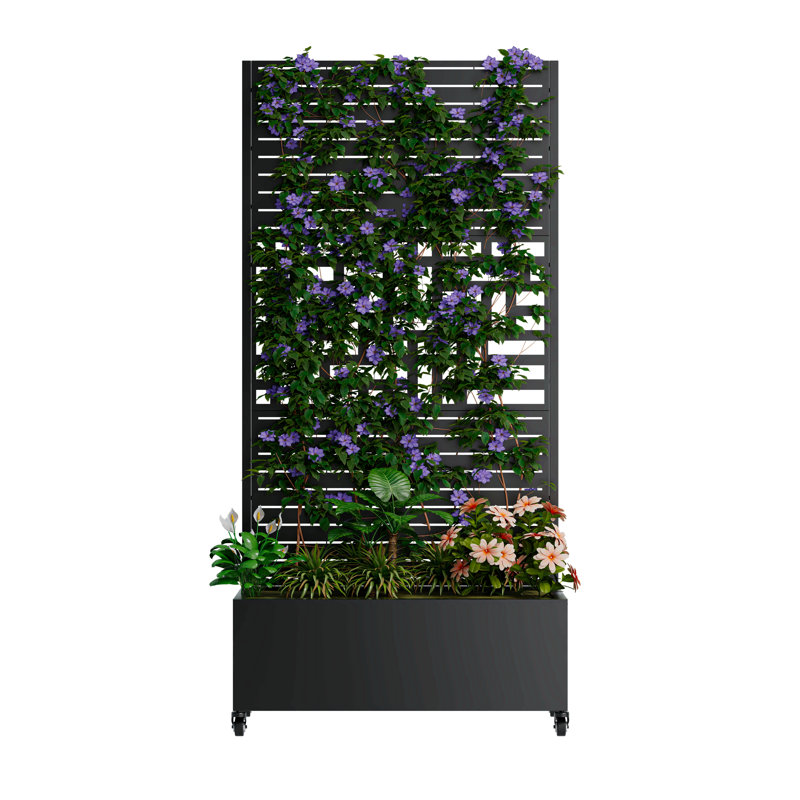 Metal Planter Box with Trellis and Wheels, Raised Garden Bed for Climbing Plants and Privacy Screening