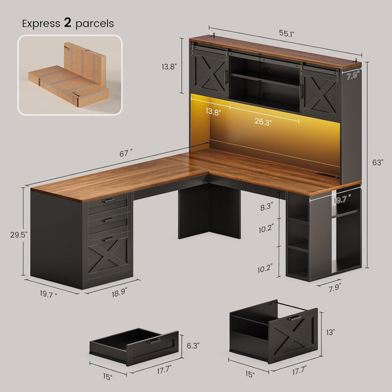 L Shaped Computer Desk, 67" Farmhouse Home Office Desks with Drawers, Brown/Black