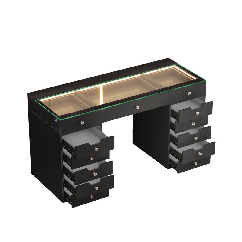 Makeup Vanity Desk HD Glass Top Built-in LED Light Strips Large 13 Drawers Diamond Handles USB and Type-C, Black