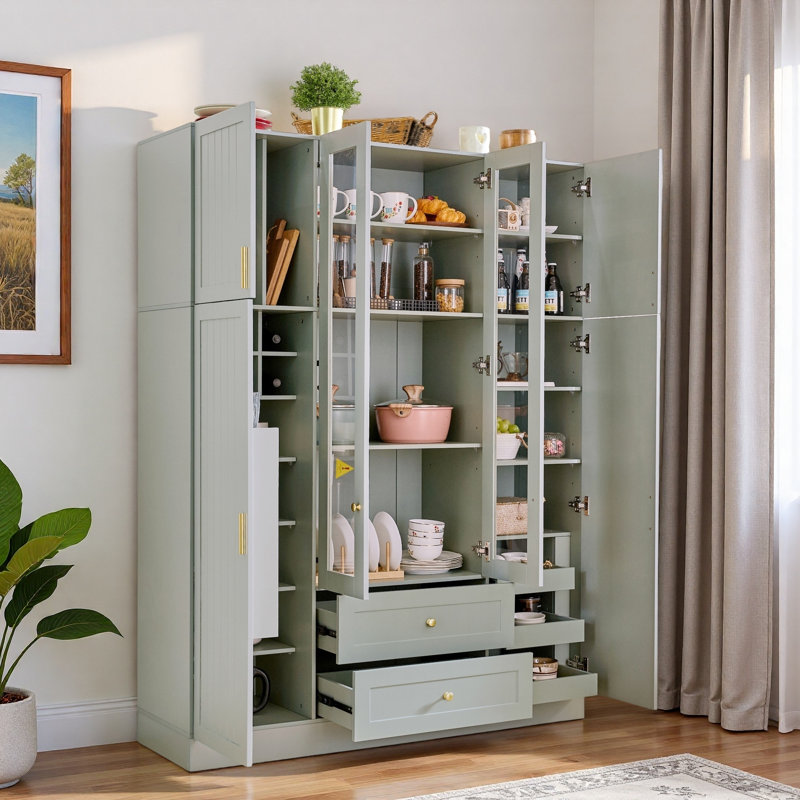 Grand garde-manger moderne avec 6 portes, tiroirs, tablettes réglables, plateaux coulissants et porte-bouteilles, Gris, Or