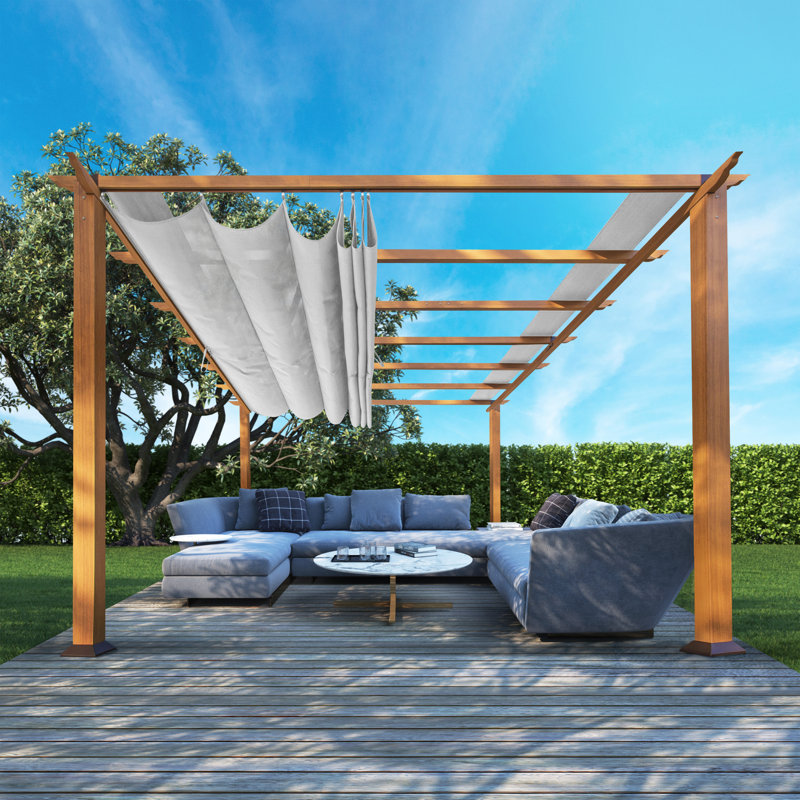 Pergola de l 16 pi x P 11 pi en aluminium à grain de bois à finition cèdre canadien avec toile Florence, Gris