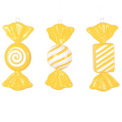  7.5" High-Gloss Candy Ornament Assortment. Includes an assortment of 3 ornaments per bag.