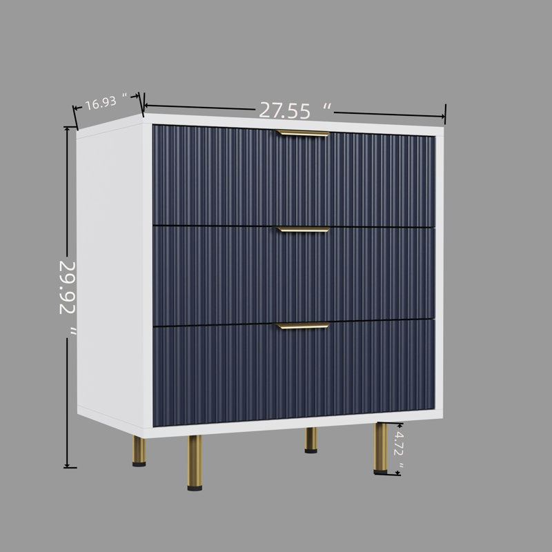Commode moderne à 3 tiroirs, chambre à coucher, salon, tiroirs faciles à ouvrir, commode en métal blanche et bleue avec pieds cannelés, structure stable
