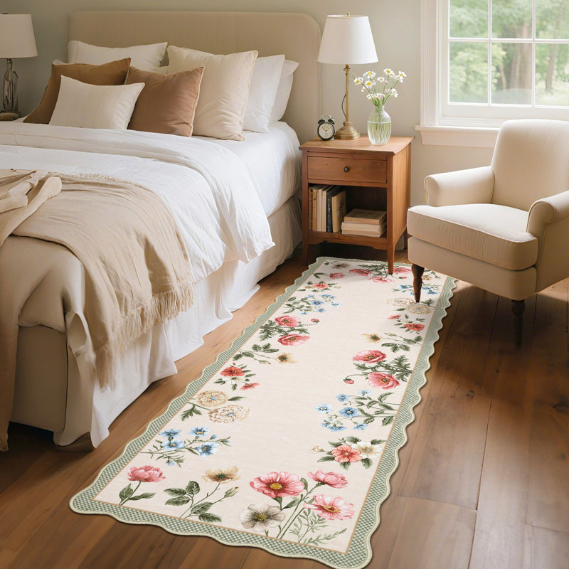 Farmhouse Floral Machine Washable Rug with Non Slip TPR Backing, Soft Non Shedding Scalloped Carpet, Low Pile Thin Floor Mats