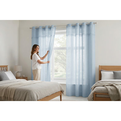 Panneau de rideau Aarvin aspect lin, long de 213 cm, œillets, occultant, avec cantonnière, pour salon, panneau unique, bleu