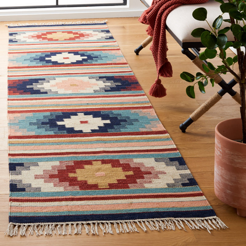 Suresnes Flat Weave Wool/Cotton Southwestern Rug in Light Pink/Blue, Runner 2'3" x 9'