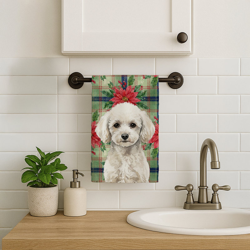 Toy White Poodle Christmas PoinsettIas Kitchen Towel, Toy White Poodle
