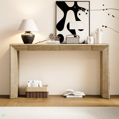 60" Modern Farmhouse Console Table With 2 Concealed Drawers, Waterfall Design Entryway Table With Thickened Legs & Wood Grain For Living Room, Entryway & Hallway