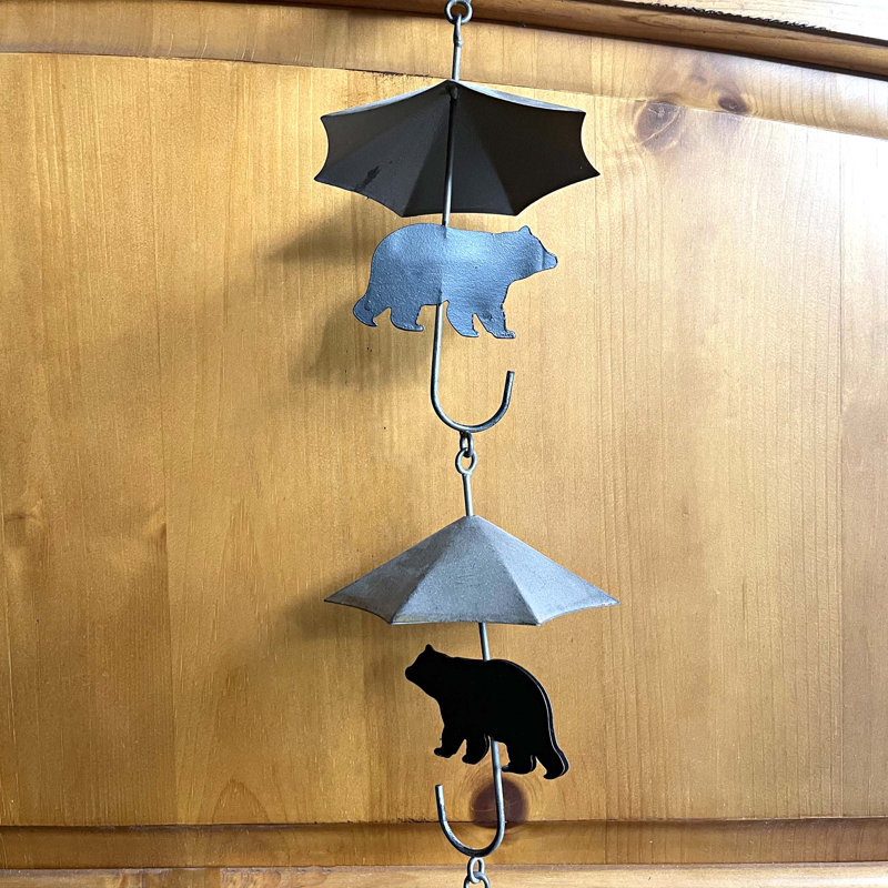 Chaîne de pluie rustique en métal, motif ours noir et parapluie, cuivre vieilli et noir, 190 cm de large