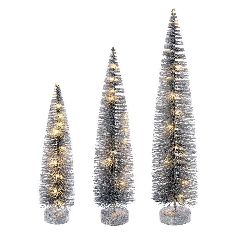  Ensemble d'arbre à brosse à bouteilles argentées de 16 à 20 po à 24 po., Blanc chaud, Argent argent, H 2 pi