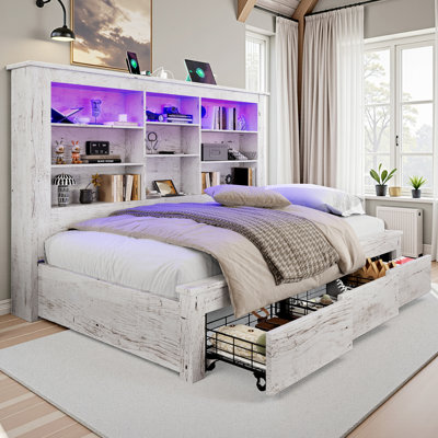 Daybed With Led Headboard, Usb Charging Station And 3 Storage Drawers, Rustic Farmhouse Style by Ivy Bronx
