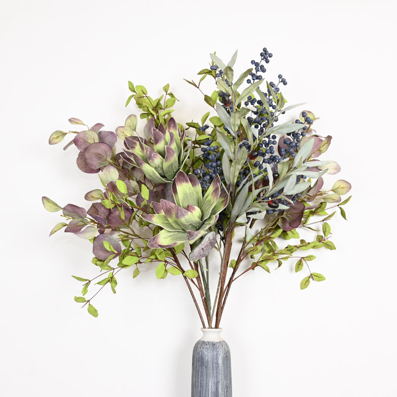 Tiges de verdure artificielles mixtes de 36 po avec bourgeons de protea et baies, branches de fausse eucalyptus