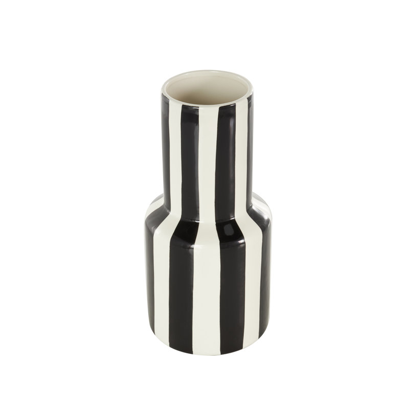Cole And Grey Ceramic Round Decorative Vase With Black Vertical Stripes, 11" H x 5.15" W x 5.15" D, Black