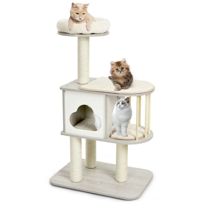 46'' Gray Wooden Cat Tree with Sisal Posts and Cushions