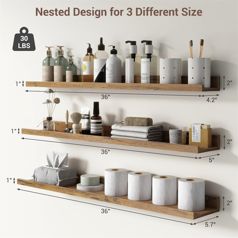 Rustic Floating Shelves Set of 3 with Lip, Picture Ledge Shelf for Nursery, Living Room – Multipurpose Storage Organizer, Bookshelf, & Photo Display Rack Rustic Brown