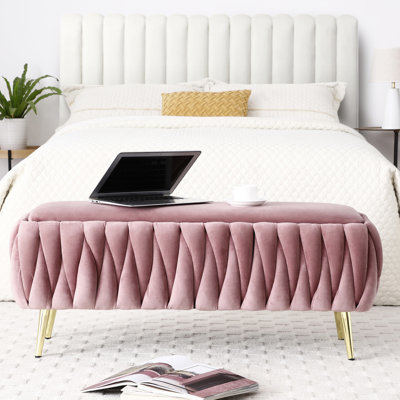 Banc ovale en velours rose foncé avec pieds dorés, pour le bout de la chambre à coucher, le chevet, la salle à manger et le salon, chambres dorées douces et élastiques, rangement confortable pour les sièges, protection des pieds en plastique