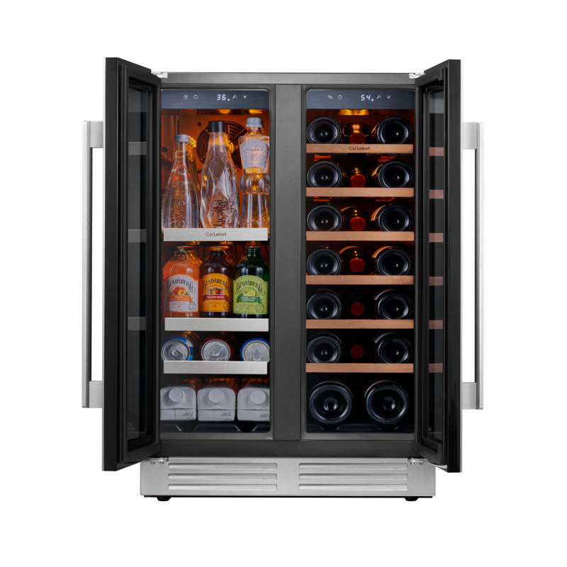 Réfrigérateur à vin et à boissons 24 pouces à deux zones, 21 bouteilles et 60 canettes de vin encastrées ou autoportantes avec porte française, acier inoxydable, verre protégé contre les rayons UV, réfrigérateur à vin à compresseur, réfrigérateur à boissons à 3 lumières DEL et refroidisseur