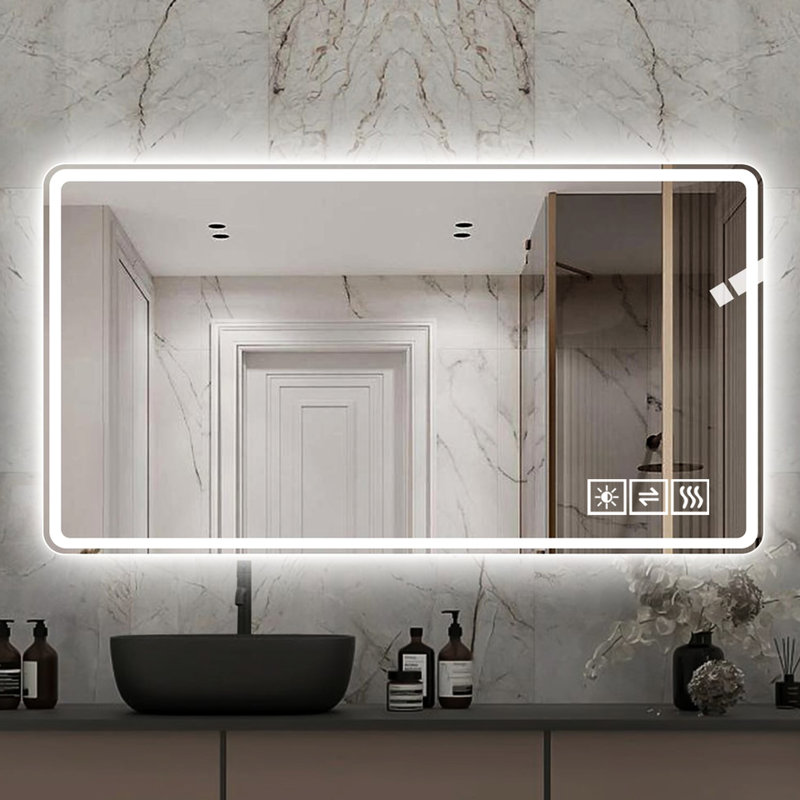 Miroir de salle de bain 48 po x 32 po avec lumières à DEL - brouillard, option à intensité variable 3 couleurs, fixation murale, horizontale et verticale, verre trempé, support à finition corrodable, matériau résistant à la corrosion