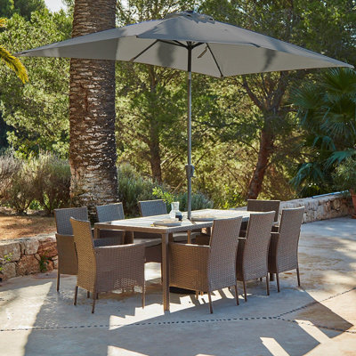 Ahmid 8 Seater Rattan Garden Dining Set with LED Premium Parasol & Cover