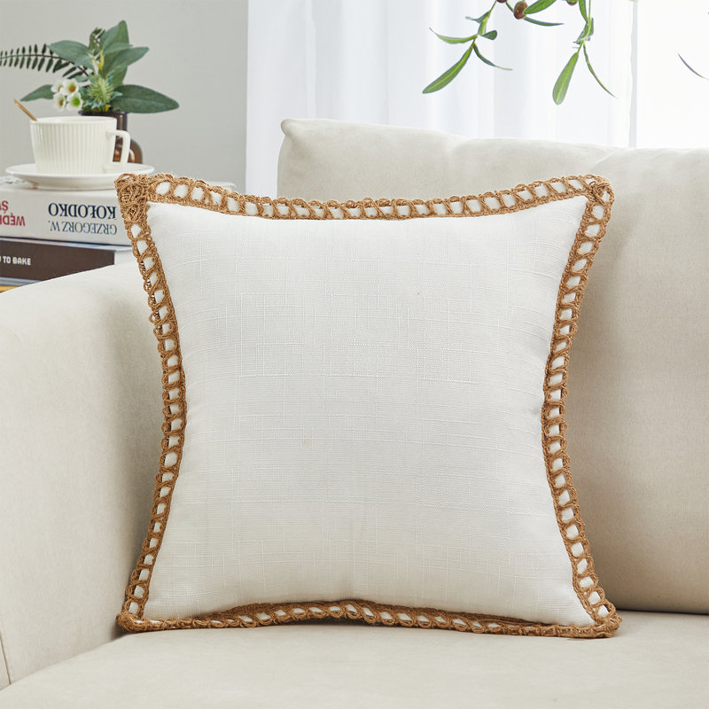 Cotton Linen Fringed Cotton Reversible Pillow Cover, White