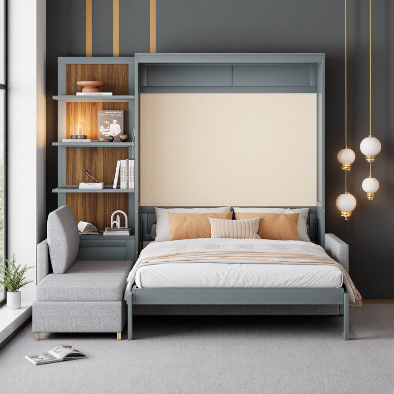 Grand lit escamotable mural avec canapé encastré et tablettes de rangement, mobilier peu encombrant pour petits espaces, finition grise