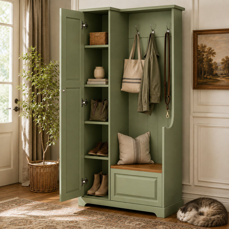 Arbre d'entrée Estate avec banc de rangement rabattable, armoire haute avec tablettes réglables et fixes et quincaillerie anti-basculement