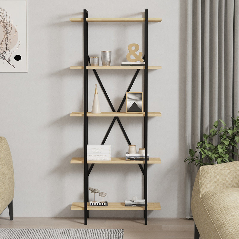 Modern Industrial Bookshelf, Oak & Black, 28.3 x 67.0 x 9.8 inches | 100% Melamine Coated Particle Board, Thickness: 0.7 inches | Wall-Mountable, Multiple Shelves for Extra Storage, Stylish & Functional Design