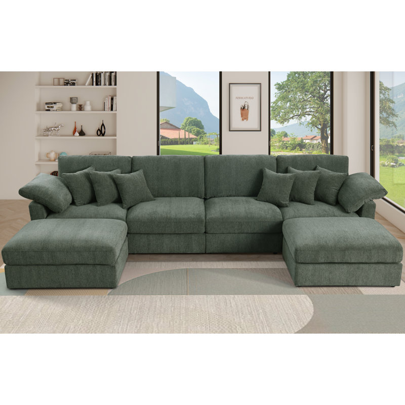 Canapé modulaire en U avec coussins amovibles 6 pièces 145,5 po, Chenille vert 