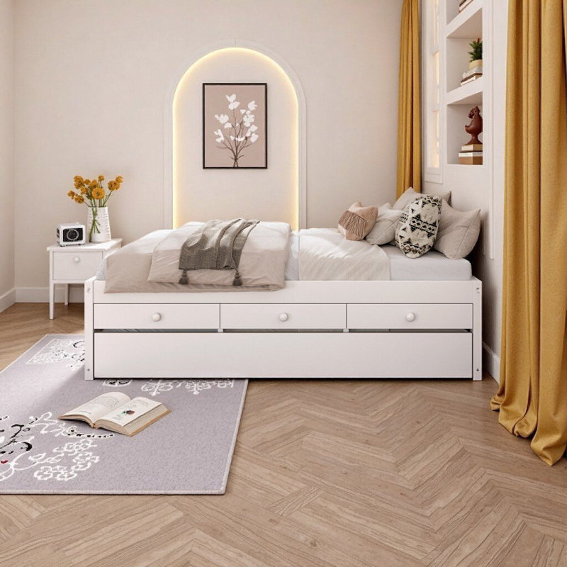 Lit plateforme double avec lit gigogne et 2 tiroirs - Lit en bois massif blanc avec multiprise intégrée, Blanc