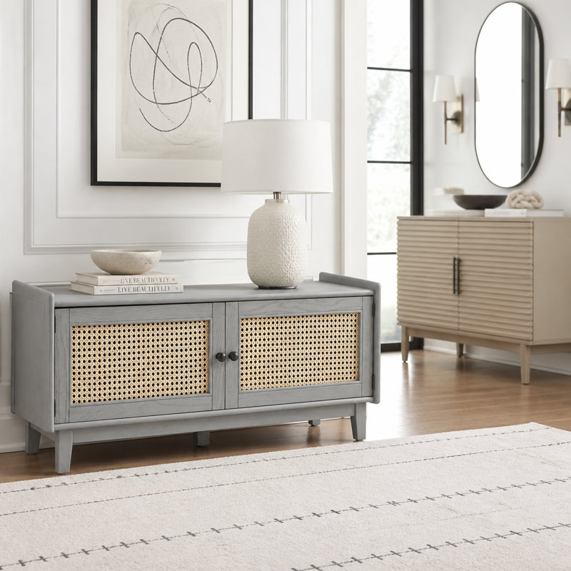 Banc d'entrée avec rangement, banc à chaussures rembourré avec portes doubles, Beige,Grey Wash
