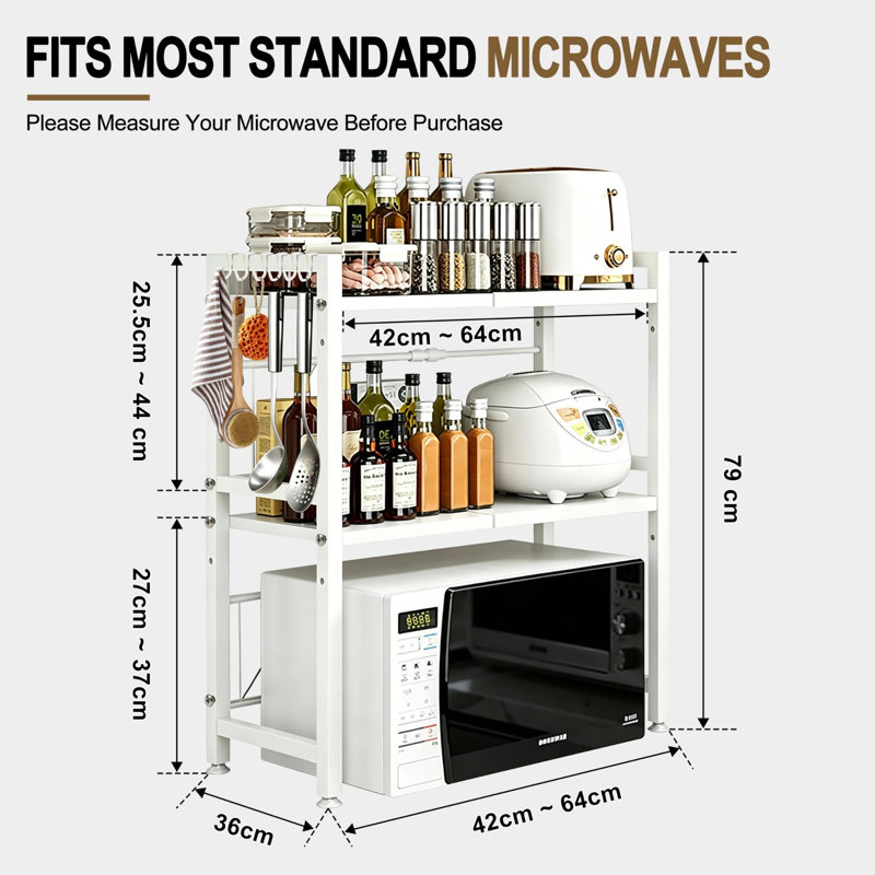 3-Tier Expandable White Microwave Shelf, Adjustable Width & Height Heavy-Duty Worktop Stand, 165lbs Load Capacity with 6 Movable Hooks, Kitchen Storage Organiser