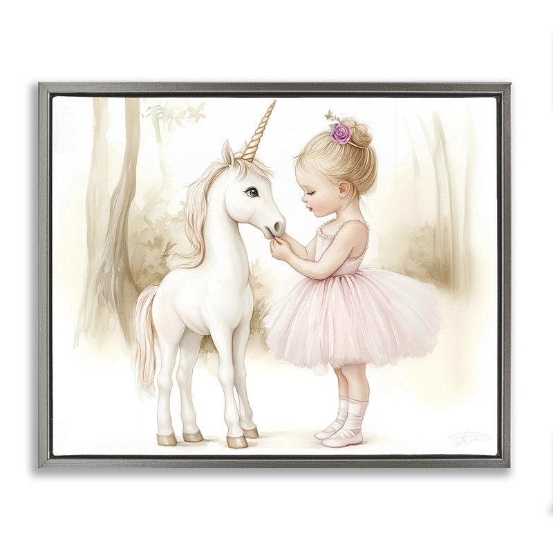 Cadre flottant Girl & Unicorn Friendship, design par Whimsical Wonders, H 17 po x l 21 po, Cadre flottant gris lustré