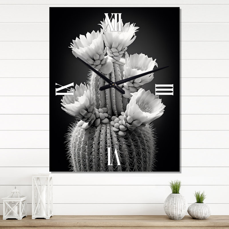Cactus gris élégant en monochrome II - Horloges murales florales, Très grand